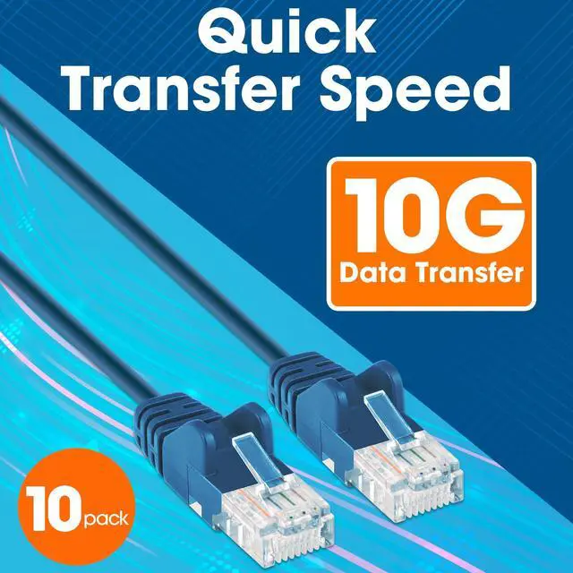 Alt view image 3 of 5 - Intellinet Slim Cat6 Ethernet Network Patch Cable - 10-Pack - 10Gbps & 250MHz, Snagless Boot, 30AWG Pure Bare Copper Wire, Gold-Plated Contacts, Lifetime Mfg Warranty - 7ft, 10 Pack, Blue