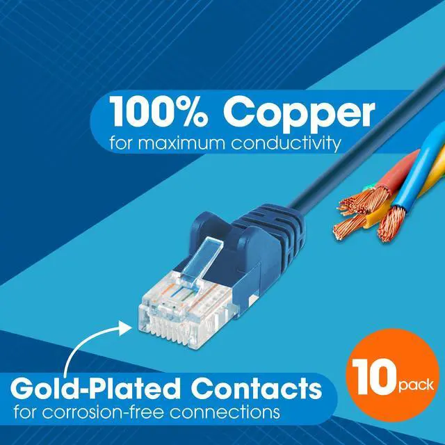 Alt view image 4 of 5 - Intellinet Slim Cat6 Ethernet Network Patch Cable - 10-Pack - 10Gbps & 250MHz, Snagless Boot, 30AWG Pure Bare Copper Wire, Gold-Plated Contacts, Lifetime Mfg Warranty - 7ft, 10 Pack, Blue
