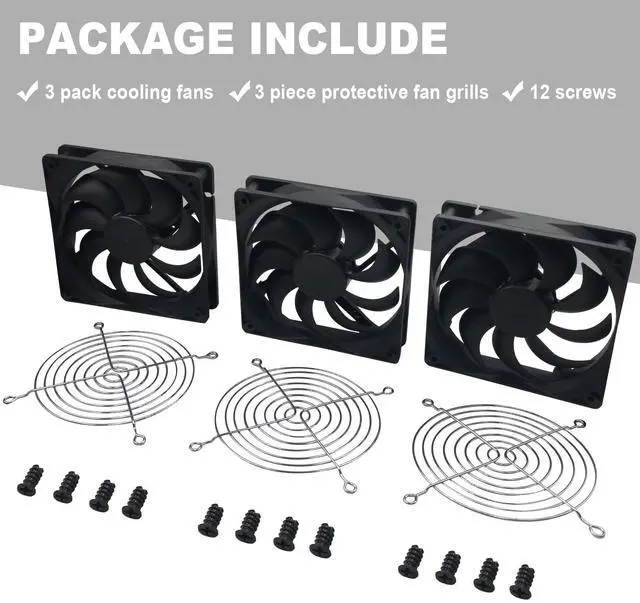 Alt view image 4 of 5 - 3-Pack 120mm 12V DC High Airflow Computer PC Case Fan 120x120x25mm Triple 3Pin 4.72inch Dual Ball Bearing Brushless Exhaust Cooling Fan for Mining Rig Frame Rack Air Miner PSU with Metal Guard 3000RPM
