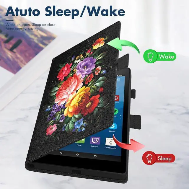 Alt view image 2 of 5 - Dteck for Fire HD 8 (8th/7th/6th Generation) Smart Folio Case 2018/2017/2016 Release (8") with Auto Sleep Wake/Stand/Adjustable Viewing Angle/Stylus, PU Leather Protective Slim Cover, Flowers Black