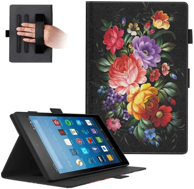 Main image of Dteck for Fire HD 8 (8th/7th/6th Generation) Smart Folio Case 2018/2017/2016 Release (8") with Auto Sleep Wake/Stand/Adjustable Viewing Angle/Stylus, PU Leather Protective Slim Cover, Flowers Black