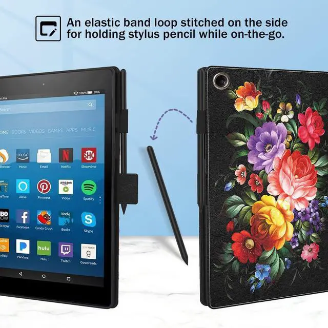 Alt view image 4 of 5 - Dteck for Fire HD 8 (8th/7th/6th Generation) Smart Folio Case 2018/2017/2016 Release (8") with Auto Sleep Wake/Stand/Adjustable Viewing Angle/Stylus, PU Leather Protective Slim Cover, Flowers Black