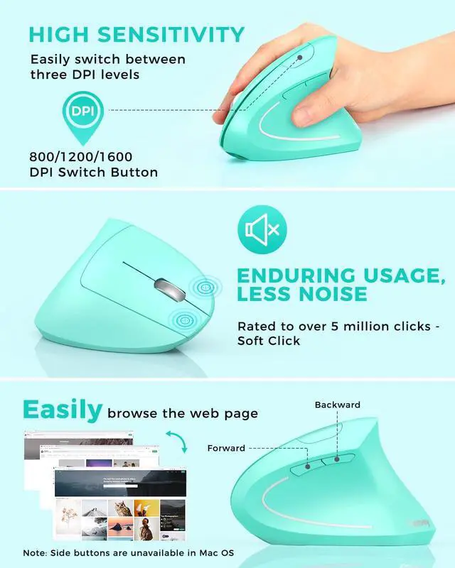 Alt view image 5 of 5 - Lekvey Ergonomic Mouse, Vertical Wireless Mouse Rechargeable 2.4 GHz Optical Carpal Tunnel Mouse : 800/1200 / 1600 DPI, 6 Buttons, for Laptop, PC, Mac, Computer, Desktop, Notebook etc, Green