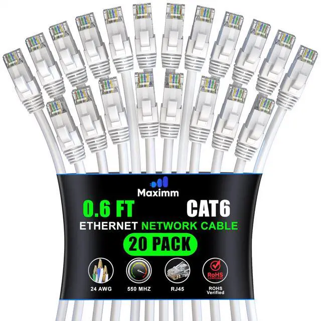 Main image of Maximm Cat 6 Ethernet Cable 0.6 ft (20-Pack) - High-Speed LAN Cable, Internet Cable, Patch Cable, and Network Cable - UTP, 10Gbps, 550MHz Ethernet Cord - White