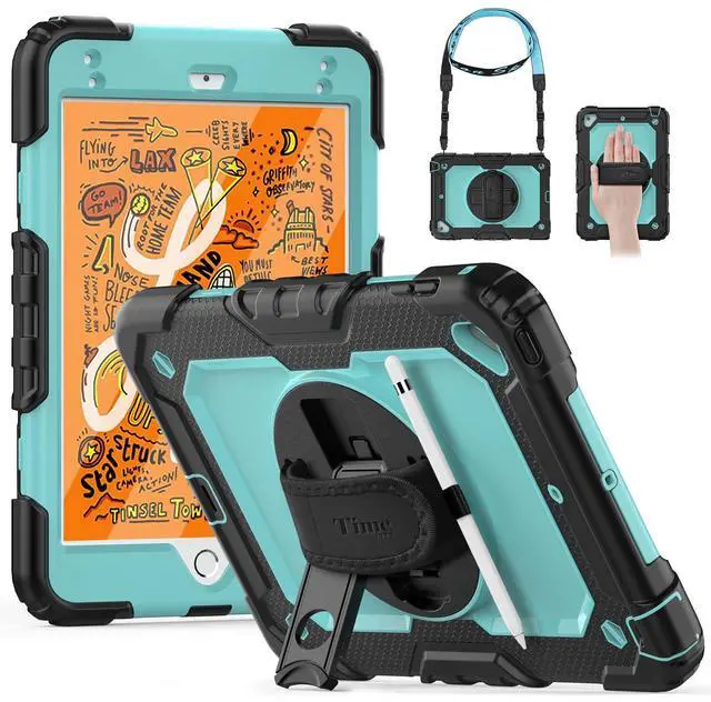 Main image of Timecity Heavy Duty Case for iPad Mini 5/4 with Screen Stand, Hand/Shoulder Strap, Pencil Holder - Light Blue