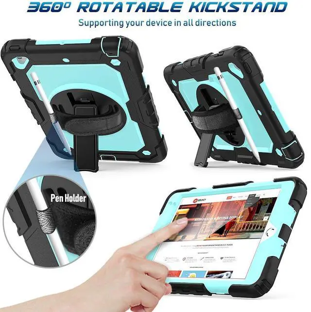 Alt view image 3 of 5 - Timecity Heavy Duty Case for iPad Mini 5/4 with Screen Stand, Hand/Shoulder Strap, Pencil Holder - Light Blue