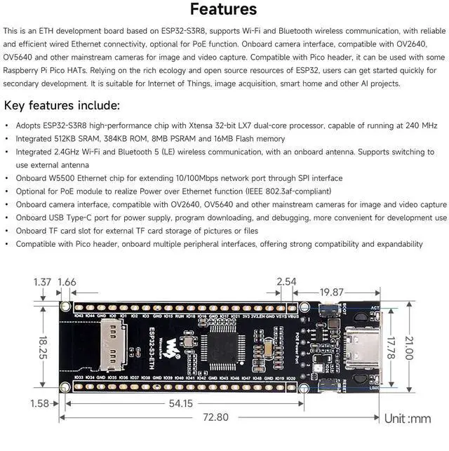 Alt view image 4 of 5 - waveshare ESP32-S3 ETH Development Board, 10/100Mbps RJ45 Ethernet Port, Wi-Fi & BT Support, 240MHz Dual Core Processor, Onboard Type-C Port and TF Card Slot, Board ONLY