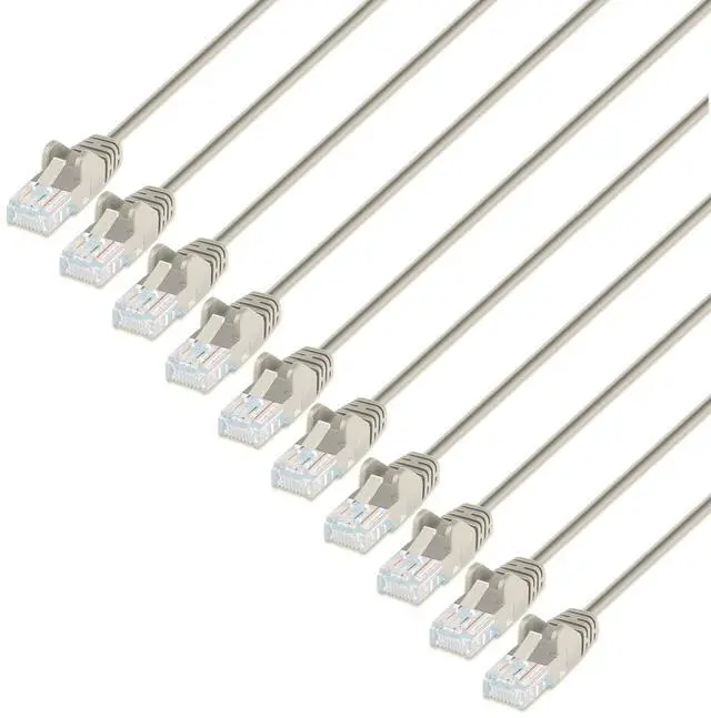 Main image of Intellinet Slim Cat6 Ethernet Network Patch Cable - 10-Pack - 10Gbps & 250MHz, Snagless Boot, 30AWG Pure Bare Copper Wire, Gold-Plated Contacts, Lifetime Mfg Warranty - 7ft, 10 Pack, Grey