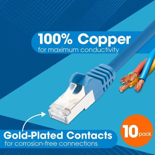 Alt view image 4 of 5 - Intellinet Slim Cat8 Ethernet Network Patch Cable - 10-Pack - 40Gbps & 2000MHz, Snagless Boot, 30AWG Pure Bare Copper Wire, Gold-Plated Contacts, Lifetime Mfg Warranty - 0.5ft, 10 Pack, Blue