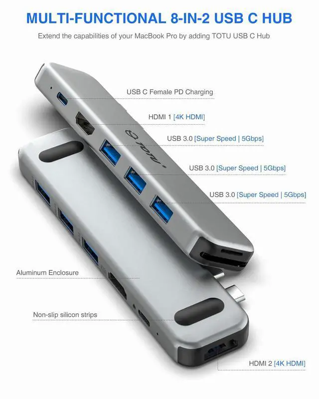 Alt view image 4 of 5 - MacBook USB C Hub Multiport Adapter, 8 in 2 MacBook Docking Station with Dual HDMI, 92W Power Delivery, 3 USB 3.0 Ports, Card Reader for SD and TF, MacBook Pro 2016-2021, MacBook Air 2018 or Later