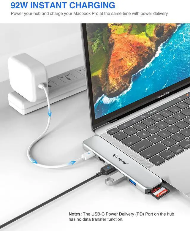 Alt view image 5 of 5 - MacBook USB C Hub Multiport Adapter, 8 in 2 MacBook Docking Station with Dual HDMI, 92W Power Delivery, 3 USB 3.0 Ports, Card Reader for SD and TF, MacBook Pro 2016-2021, MacBook Air 2018 or Later