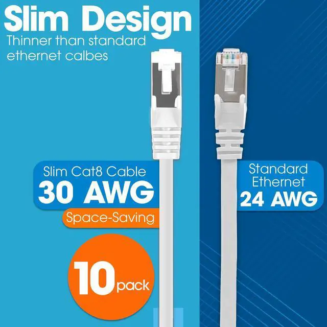 Alt view image 2 of 5 - Intellinet Slim Cat8 Ethernet Network Patch Cable - 10-Pack - 40Gbps & 2000MHz, Snagless Boot, 30AWG Pure Bare Copper Wire, Gold-Plated Contacts, Lifetime Mfg Warranty - 0.5ft, 10 Pack, White