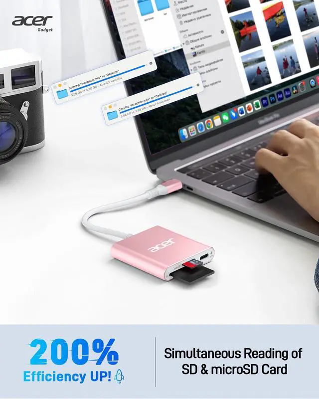 Alt view image 4 of 5 - Acer SD 4.0 Card Reader, UHS-II Micro SD Reader USB C, Dual Slot Type C Memory Card Adapter with 100W PD Port for MicroSD SDXC SDHC UHS-II & UHS-I Cards for iPhone 15/16, Laptop, MacBook(Pink)