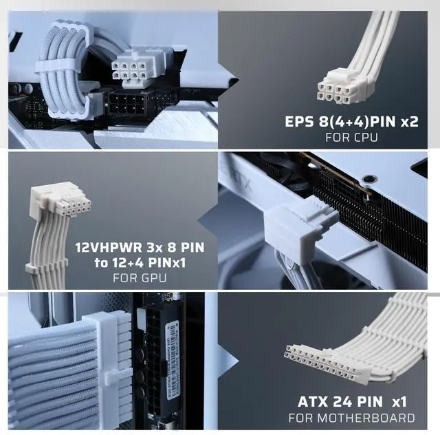 Alt view image 2 of 5 - LTC 12VHPWR PSU Cable Extension Kit, 16AWG PCI-E 5.0 Power Supply PC Cable Extension, 1x 24 Pin ATX /2X 8Pin (4+4) EPS Cable / 3X (6+2P) to 12+4 Pin GPU, Soft Braided Sleeve Cable Combs, 300mm