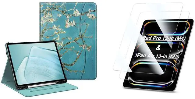 Main image of Fintie Bundle: Fintie Folio Case for iPad Air 13-inch (M2) 2024, Multi-Angle Viewing Protective Stand Cover with Pencil Holder & Pocket + [2-Pack] Tempered Glass Screen Protector