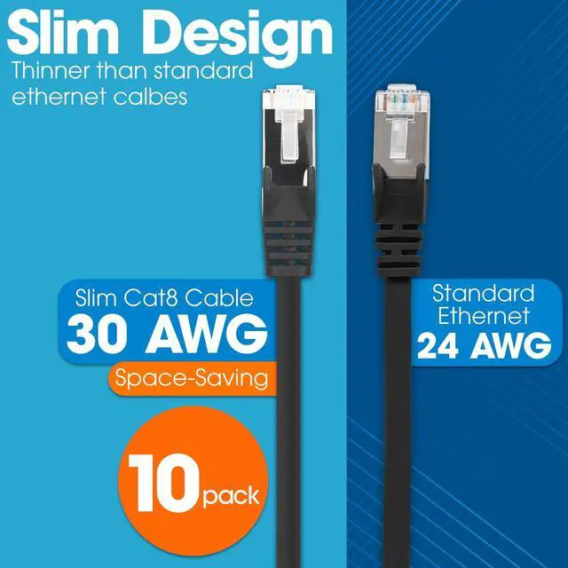 Alt view image 2 of 5 - Intellinet Slim Cat8 Ethernet Network Patch Cable - 10-Pack - 40Gbps & 2000MHz, Snagless Boot, 30AWG Pure Bare Copper Wire, Gold-Plated Contacts, Lifetime Mfg Warranty - 0.5ft, 10 Pack, Black