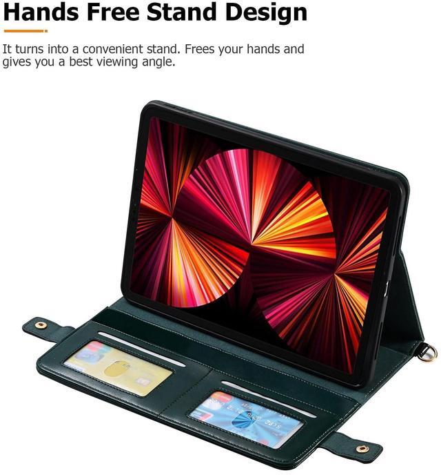 Alt view image 3 of 5 - Dteck iPad 9th/8th/7th Generation Case 10.2" With Pencil Holder, Premium PU Leather Business Folio Stand Smart Cover, Shoulder/Hand Strap, Card Slots, Wallet [Auto Wake/Sleep] - Darkgreen