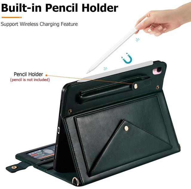 Alt view image 5 of 5 - Dteck iPad 9th/8th/7th Generation Case 10.2" With Pencil Holder, Premium PU Leather Business Folio Stand Smart Cover, Shoulder/Hand Strap, Card Slots, Wallet [Auto Wake/Sleep] - Darkgreen