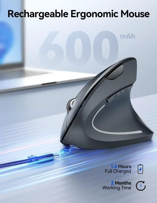 Alt view image 3 of 5 - TECKNET Ergonomic Wireless Mouse, Rechargeable Mouse Wireless Silent for Carpal Tunnel Right Hand, 2.4GHz USB Vertical Mouse Wireless for Laptop, 5 Adjustable 4800 DPI, Computer, MacBook, Desktop