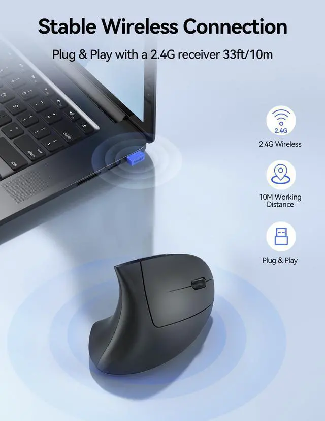 Alt view image 4 of 5 - TECKNET Ergonomic Wireless Mouse, Rechargeable Mouse Wireless Silent for Carpal Tunnel Right Hand, 2.4GHz USB Vertical Mouse Wireless for Laptop, 5 Adjustable 4800 DPI, Computer, MacBook, Desktop