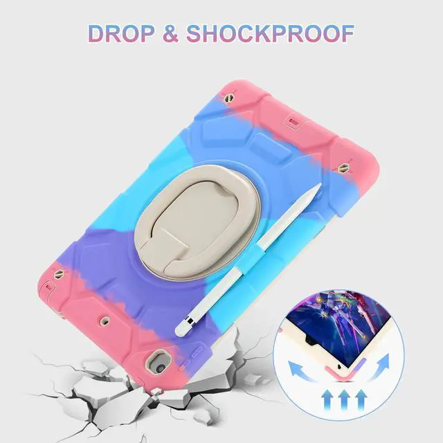 Alt view image 2 of 5 - for iPad 9th/8th/7th Generation Case 10.2", Heavy Sturdy Shockproof Kids Cover, with Rotating Stand/Pencil Holder/Shoulder Strap for iPad 10.2 Case 2021/2020/2019 Girls (Rainbow Pink)