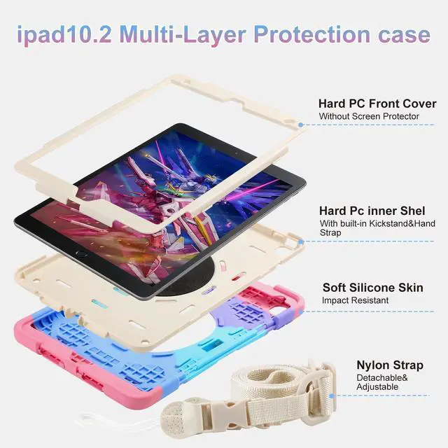 Alt view image 3 of 5 - for iPad 9th/8th/7th Generation Case 10.2", Heavy Sturdy Shockproof Kids Cover, with Rotating Stand/Pencil Holder/Shoulder Strap for iPad 10.2 Case 2021/2020/2019 Girls (Rainbow Pink)