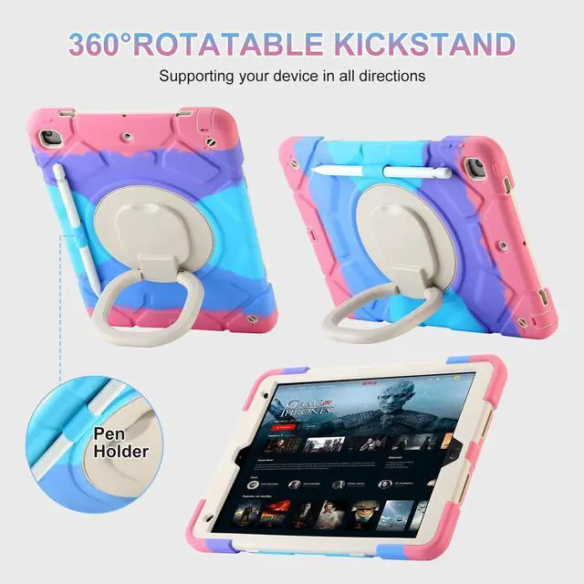 Alt view image 4 of 5 - for iPad 9th/8th/7th Generation Case 10.2", Heavy Sturdy Shockproof Kids Cover, with Rotating Stand/Pencil Holder/Shoulder Strap for iPad 10.2 Case 2021/2020/2019 Girls (Rainbow Pink)