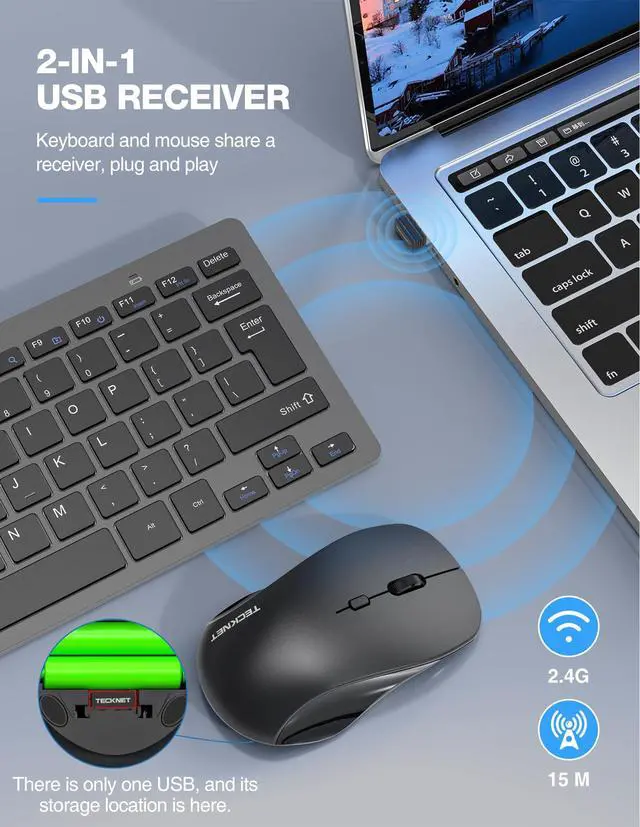 Alt view image 2 of 5 - TECKNET Wireless Keyboard and Mouse Combo, Mini Cordless Computer Keyboard and Mouse Set 2.4GHz, Silent Adjustable 1600 DPI, Quiet Click, Lag-Free for Computer, Laptop, PC, Windows, Mac, Chrome OS(GS)