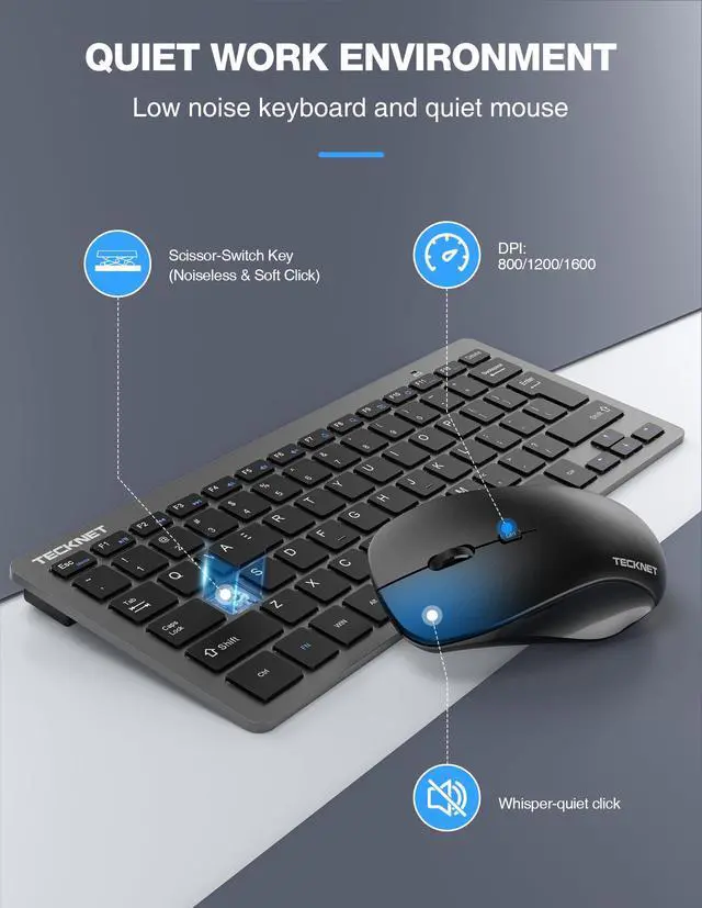 Alt view image 4 of 5 - TECKNET Wireless Keyboard and Mouse Combo, Mini Cordless Computer Keyboard and Mouse Set 2.4GHz, Silent Adjustable 1600 DPI, Quiet Click, Lag-Free for Computer, Laptop, PC, Windows, Mac, Chrome OS(GS)