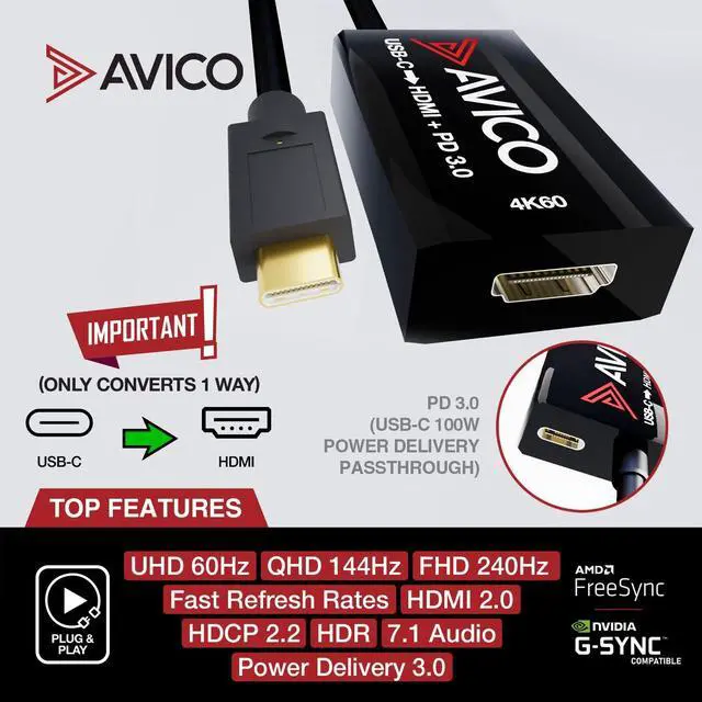 Alt view image 3 of 5 - Avico USB C to HDMI 2.0 Adapter with 100W Charging - 4K 60hz HDR - 2K 144hz - 1080P 240hz - Male to Female - for Monitors, TVs, PCs, MacBooks, Projectors - Thunderbolt Compatible