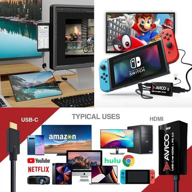 Alt view image 5 of 5 - Avico USB C to HDMI 2.0 Adapter with 100W Charging - 4K 60hz HDR - 2K 144hz - 1080P 240hz - Male to Female - for Monitors, TVs, PCs, MacBooks, Projectors - Thunderbolt Compatible