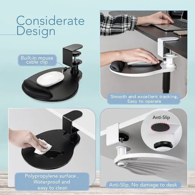 Alt view image 5 of 5 - EHO Clamp on Mouse Platform, Clip on Pad Rotating 360 Degree, w/Comfortable Gel Wrist Rest, Ergonomic, Attachment, Slide Out Tray, Suitable for 1.5" Thickness Desk, for Home Office Desk Organizer