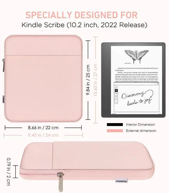 Alt view image 2 of 5 - Moko Kindle Sleeve Compatible with Kindle Scribe 10.2 inch (2024 and 2022 Release), Protective Pouch Bag Case Cover with Dual Pockets and Pen Holder, Scratch-Resistant Soft Fluffy Lining, Pink