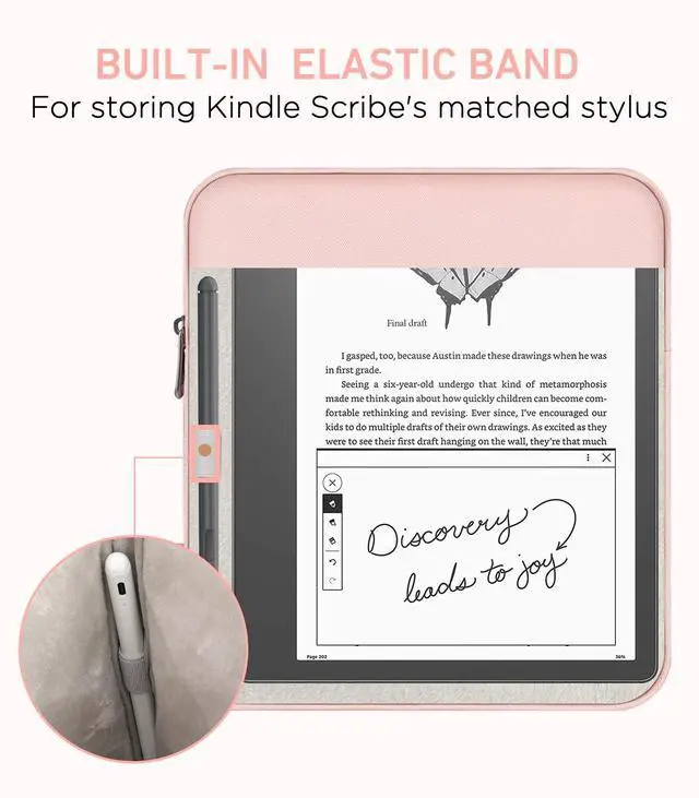 Alt view image 4 of 5 - Moko Kindle Sleeve Compatible with Kindle Scribe 10.2 inch (2024 and 2022 Release), Protective Pouch Bag Case Cover with Dual Pockets and Pen Holder, Scratch-Resistant Soft Fluffy Lining, Pink