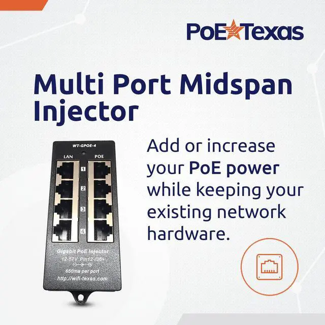 Alt view image 2 of 5 - PoE Texas 4 Port PoE Injector - Gigabit Passive Power Over Ethernet - 802.3af or at Compatible PoE Injector for VoiP Phones, WiFi Access Points, IP Cameras - 4 Ports of Data + Power Out