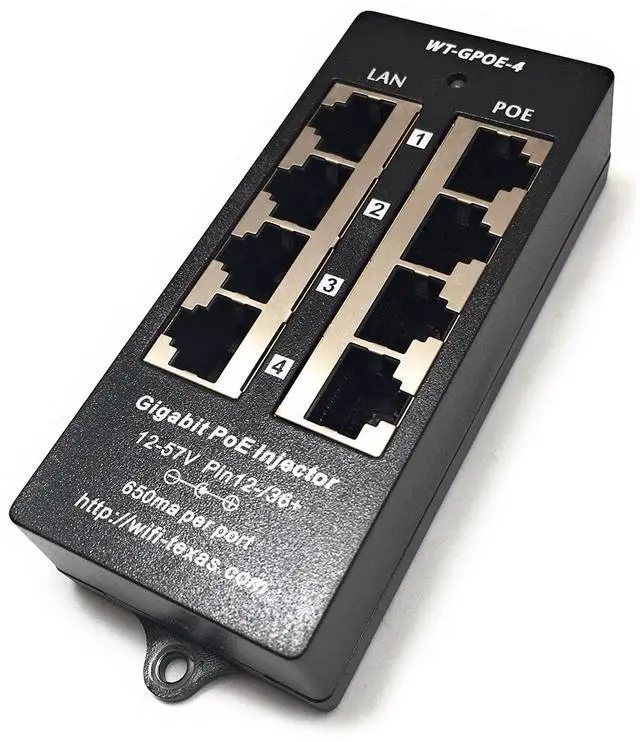 Main image of PoE Texas 4 Port PoE Injector - Gigabit Passive Power Over Ethernet - 802.3af or at Compatible PoE Injector for VoiP Phones, WiFi Access Points, IP Cameras - 4 Ports of Data + Power Out