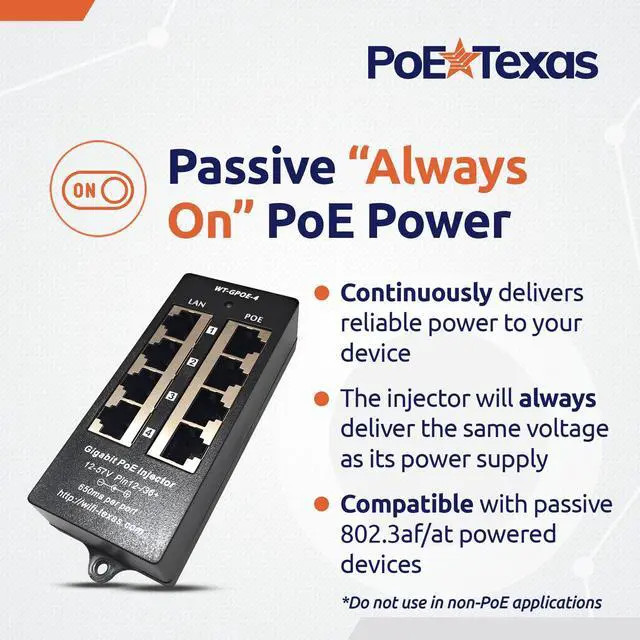 Alt view image 5 of 5 - PoE Texas 4 Port PoE Injector - Gigabit Passive Power Over Ethernet - 802.3af or at Compatible PoE Injector for VoiP Phones, WiFi Access Points, IP Cameras - 4 Ports of Data + Power Out