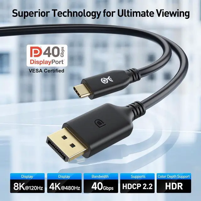 Alt view image 2 of 5 - Cable Matters [VESA Certified] 40Gbps Unidirectional USB C to DisplayPort 2.1 Cable - 3.3ft, Supports DP40, 8K@120Hz / 4K@480Hz (Thunderbolt 4 to DisplayPort Cable) - Not for Portable USB-C Monitor