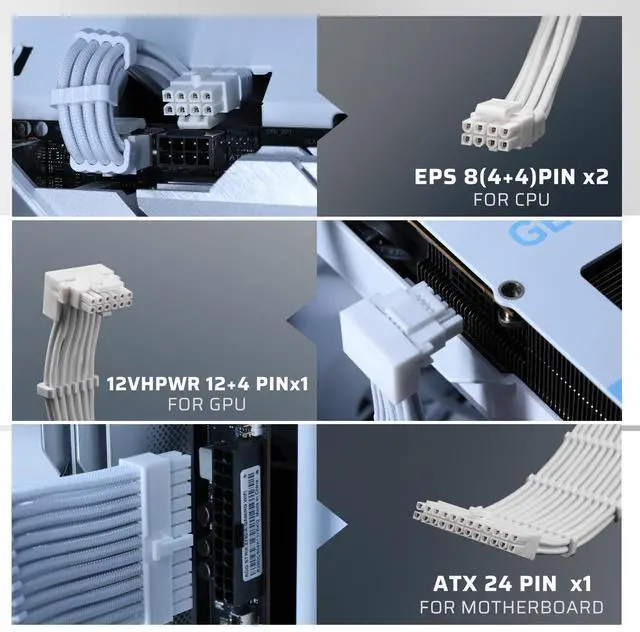 Alt view image 2 of 5 - LTC 12VHPWR PSU Cable Extension Kit, 16AWG PCI-E 5.0 Power Supply PC Cable Extension, 1x24 Pin ATX / 2X 8Pin(4+4) EPS / 1x 12+4 Pin GPU, Soft Braided Sleeve Cable Combs, 300mm