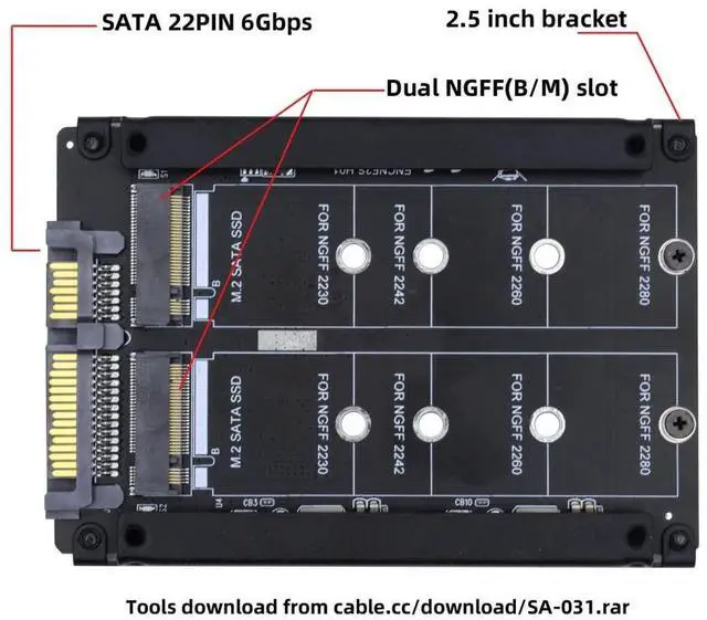 Alt view image 3 of 5 - cablecc Dual NGFF B+M Key M.2 SSD Card JOBD Raid0 Span Bridge to 2.5inch SATA Combo HDD Disk Drive Enclosure
