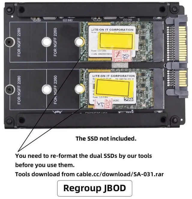 Alt view image 5 of 5 - cablecc Dual NGFF B+M Key M.2 SSD Card JOBD Raid0 Span Bridge to 2.5inch SATA Combo HDD Disk Drive Enclosure
