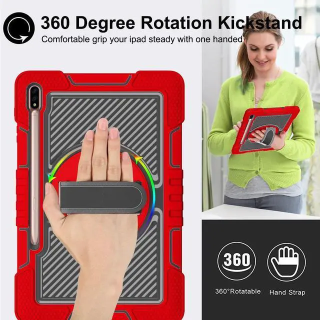 Alt view image 2 of 5 - Galaxy Tab S8 Plus/S7 FE 5G/S7 Plus Case for Kids - 360 Rotating Kickstand, Handle Strap, Rugged Protective With Pen Holder for Samsung Tablet 12.4 Inch - Red+Black