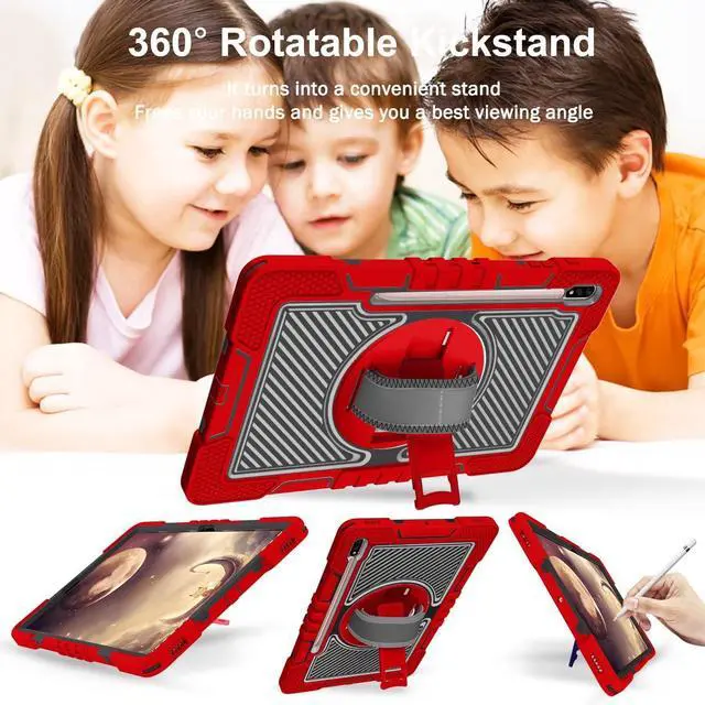Alt view image 3 of 5 - Galaxy Tab S8 Plus/S7 FE 5G/S7 Plus Case for Kids - 360 Rotating Kickstand, Handle Strap, Rugged Protective With Pen Holder for Samsung Tablet 12.4 Inch - Red+Black