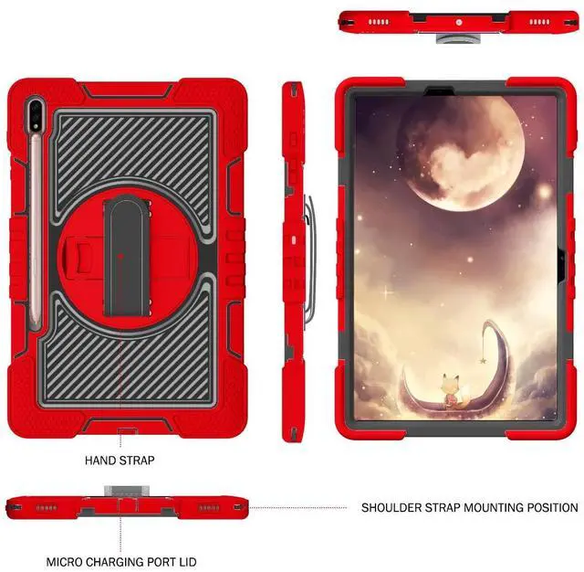 Alt view image 4 of 5 - Galaxy Tab S8 Plus/S7 FE 5G/S7 Plus Case for Kids - 360 Rotating Kickstand, Handle Strap, Rugged Protective With Pen Holder for Samsung Tablet 12.4 Inch - Red+Black