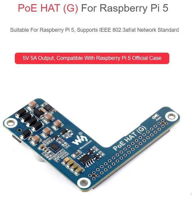Alt view image 2 of 5 - waveshare PoE HAT (G) for Raspberry Pi 5,Power Over Ethernet HAT (G) Expansion Board, IEEE 802.3af/at Network Standard,Compatible with Raspberry Pi 5 Official Case,5V 5A Output