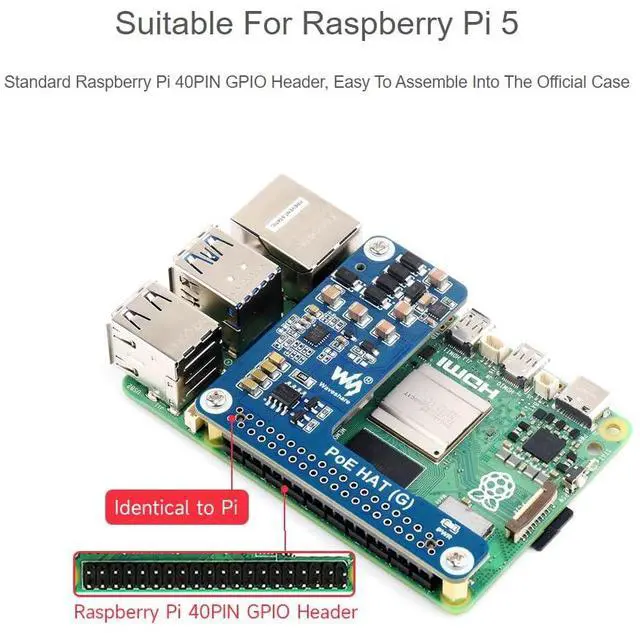 Alt view image 3 of 5 - waveshare PoE HAT (G) for Raspberry Pi 5,Power Over Ethernet HAT (G) Expansion Board, IEEE 802.3af/at Network Standard,Compatible with Raspberry Pi 5 Official Case,5V 5A Output