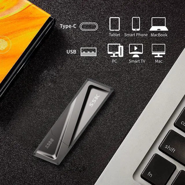 Alt view image 5 of 5 - SSK 128GB USB Flash Drive 550MB/s USB 3.2 Gen2 USB Thumb Drive Fast Transfer Speed Externel Solid State Drive +USB C Adapter USB C Memory Stick for Type C Smartphone,MacBook/Pro/Air Laptop and More