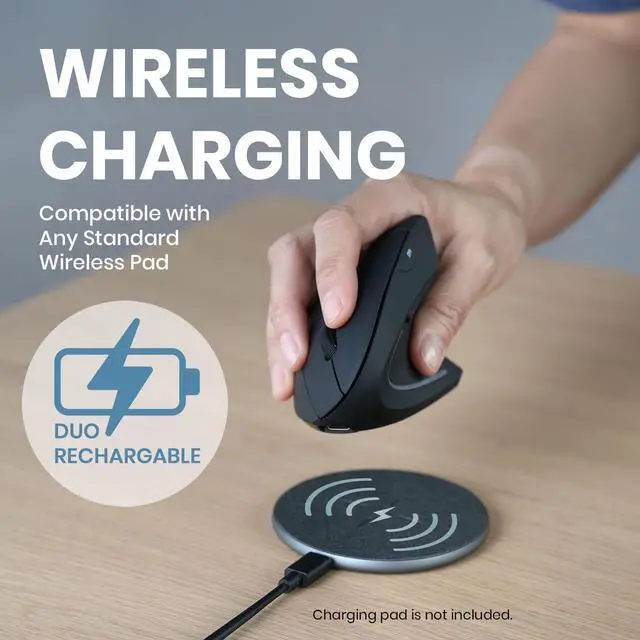 Alt view image 2 of 5 - Perixx PERIMICE-713R Wireless Rechargeable Vertical Mouse - Duo Wired and Wireless Charging Feature - 6 Buttons Design - Black - Right-Handed Design