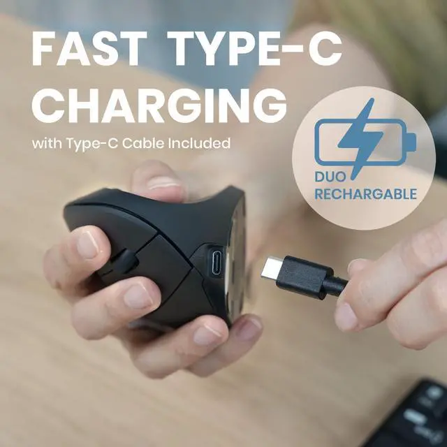 Alt view image 3 of 5 - Perixx PERIMICE-713R Wireless Rechargeable Vertical Mouse - Duo Wired and Wireless Charging Feature - 6 Buttons Design - Black - Right-Handed Design