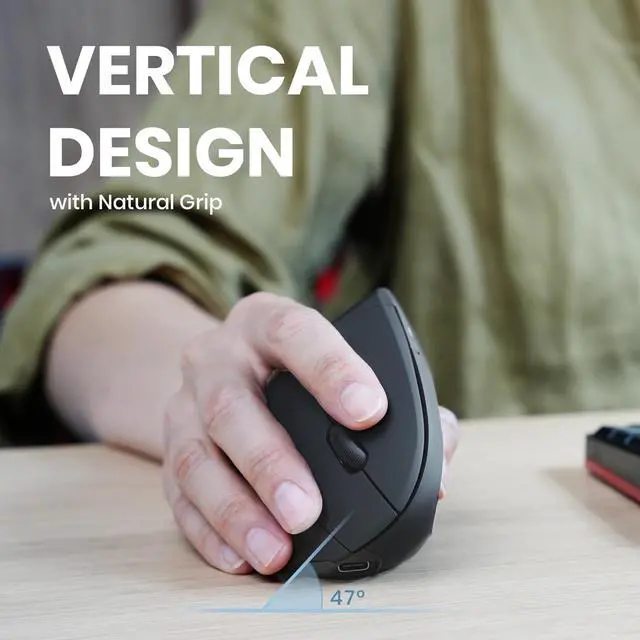 Alt view image 4 of 5 - Perixx PERIMICE-713R Wireless Rechargeable Vertical Mouse - Duo Wired and Wireless Charging Feature - 6 Buttons Design - Black - Right-Handed Design